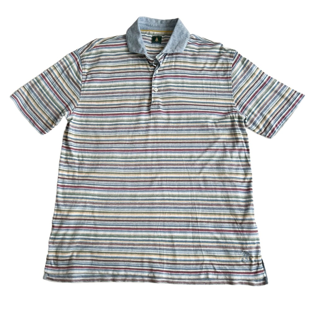 ROBERT TALBOTT Men's Polo Shirt Multi Color Stripes Cotton/Linen Lightweight XL